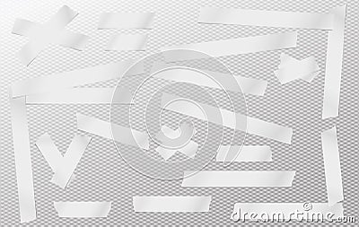 White adhesive, sticky, masking, duct tape, paper strips pieces for text on gray squared background Vector Illustration