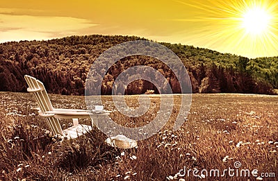 White adirondack chair in a field at sunset Stock Photo