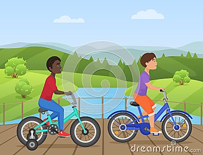 White and african kids riding bikes, Child riding bike, kids on bicycle in the park vector illustration. Vector Illustration