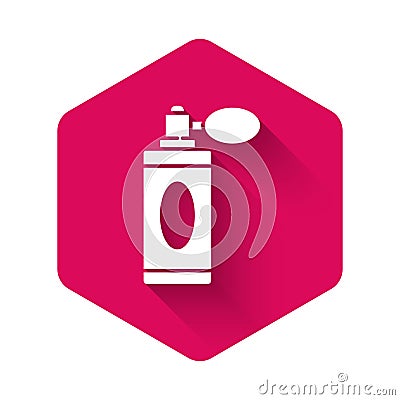 White Aftershave bottle with atomizer icon isolated with long shadow. Cologne spray icon. Male perfume bottle. Pink Vector Illustration