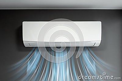 White air conditioning and a stream of fresh cold air on a background of a gray wall. The concept of heat, cool air, cooling, Stock Photo