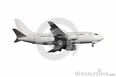 White air plane ready for landing flying isolated Stock Photo