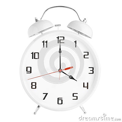 White alarm clock showing four o`clock isolated on white background Stock Photo