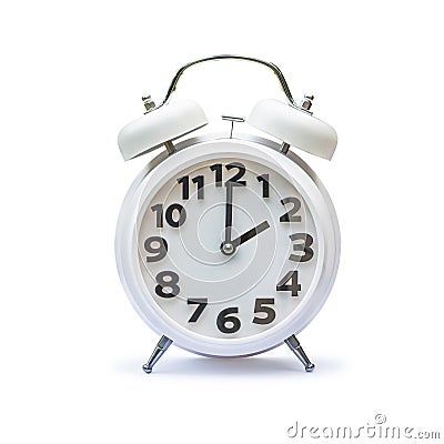 White alarm clock at two 2 o`clock isolated on white background clipping path Stock Photo