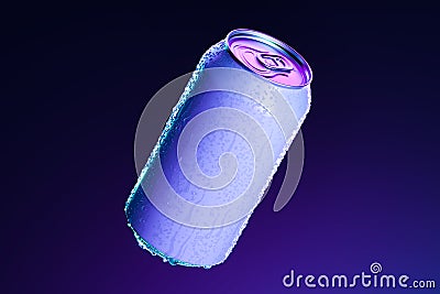 White Aluminum Can With Cold Water Droplets Isolated on Dark Blue Background, 3d rendering. Empty Space. Copy Space Stock Photo