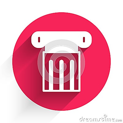 White Ancient column icon isolated with long shadow background. Red circle button. Vector Stock Photo