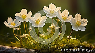 White anemone flowers against dark forest background in gentle sunlight Stock Photo