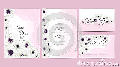 White Anemone Flowers Watercolor Wedding Invitation Template. Hand Drawing Flower and Branches Save the Date, Greeting, Thank You Vector Illustration