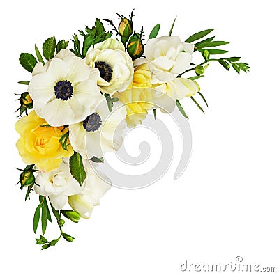 White anemones, yellow roses, eucalyptus leaves and freesia flow Stock Photo