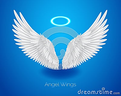 White angel wings and shining nimbus, realistic feathers Vector Illustration