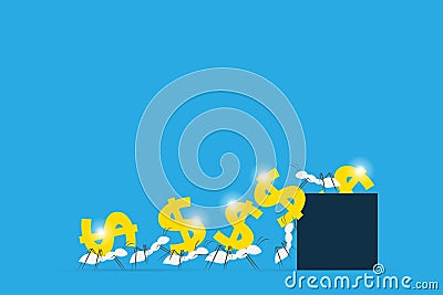 White ants carrying dollar symbols into dark blue box, teamwork and business concept Vector Illustration
