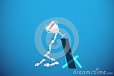 White ants climbing to get success trophy with blue sticks, teamwork and business concept Vector Illustration