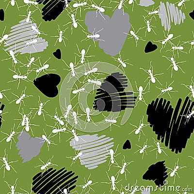 White Ants and Hearts Seamless Pattern on Green. Love Teamwork Vector Illustration