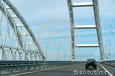 White arches of new Crimean Bridge, also called Kerch Bridge, through Kerch Strait to Crimea Stock Photo