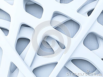 White architectural lattice structure curved openings forming futuristic parametric geometric pattern resembling lightweight Cartoon Illustration
