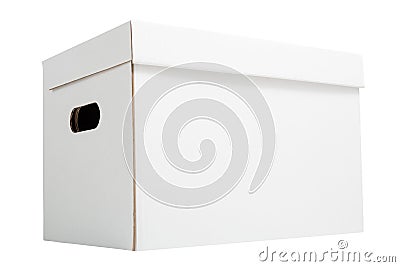 White archive cardboard box isolated on white background. White corrugated carton box Stock Photo