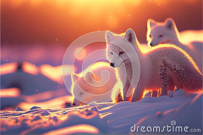 White Arctic fox foxes pup pups puppy puppies in snow Stock Photo