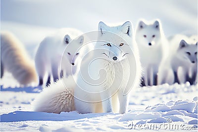 White Arctic fox foxes in snow Stock Photo