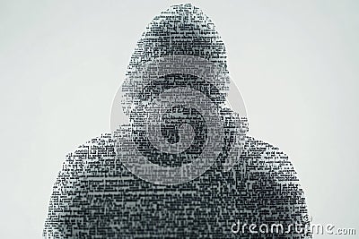 white ascii text in the form of a hacker, in the form of a person in splints Stock Photo