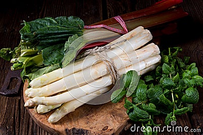 White asparagus and rhubarb Stock Photo