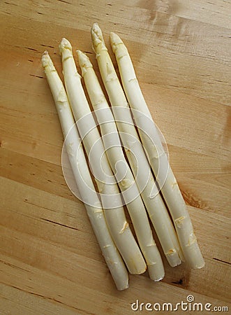 White asparagus on wood table Stock Photo