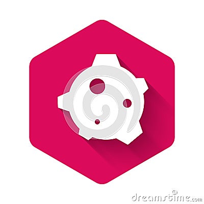 White Asteroid icon isolated with long shadow background. Pink hexagon button. Vector Vector Illustration