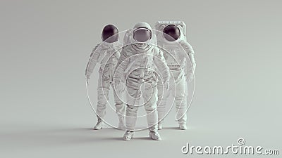 White Astronaut Cosmonaut with Black Visor Helmet Group of Three Spaceman Spacewoman Technology Cartoon Illustration