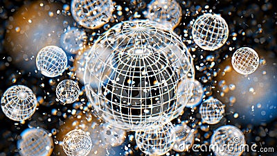 White atom grid sphere, blur bokeh defocused on black background, 3D Rendering, 3D Illustration. Stock Photo
