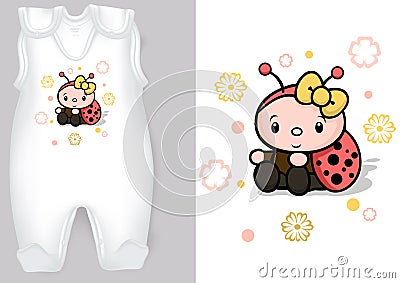 White Baby Rompers with a Cartoon Motif of a Ladybug Vector Illustration