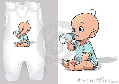 White Baby Rompers with a Cartoon Motif of a Newborn Vector Illustration