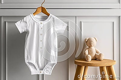 White baby short sleeve bodysuit mockup in minimal interior. Blank gender neutral newborn bodysuit mock up template. AI generated Stock Photo