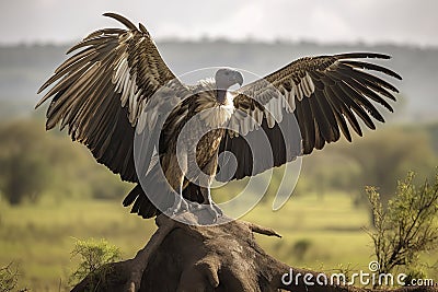 White-backed Vulture (Gyps africanus) spreading wings standing on a branch Stock Photo