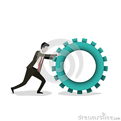 White background with businessman pushing a big gear cogwheel Vector Illustration