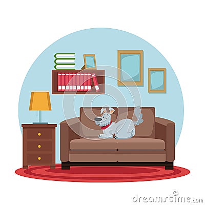 White background with circular colorful scene dog sleep in sofa Vector Illustration