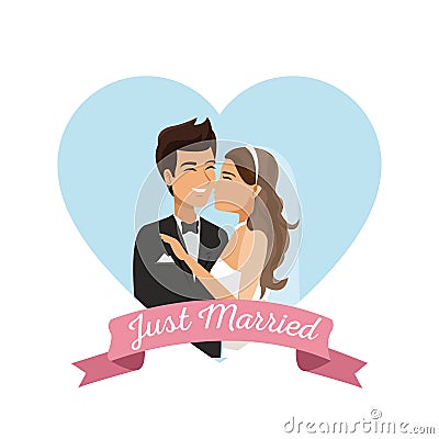 White background with color heart shape frame poster of couple just married embraced Vector Illustration