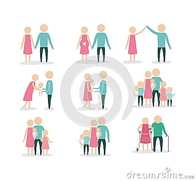 White background with color silhouette set pictogram generations people Vector Illustration