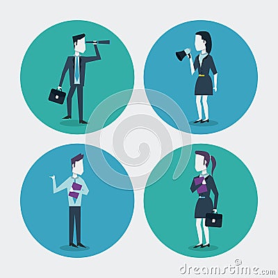 White background with colorful circle frames of businesswoman and businessman with monocular folder megaphone and Vector Illustration