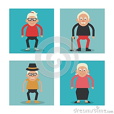 White background with colorful frames set of grandparents with walking stick and glasses and hat Vector Illustration