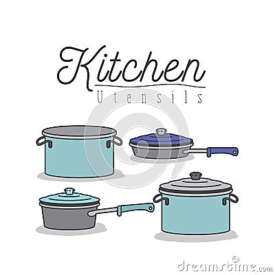 White background with colorful set of kitchen pots and pans with lids kitchen utensils Vector Illustration