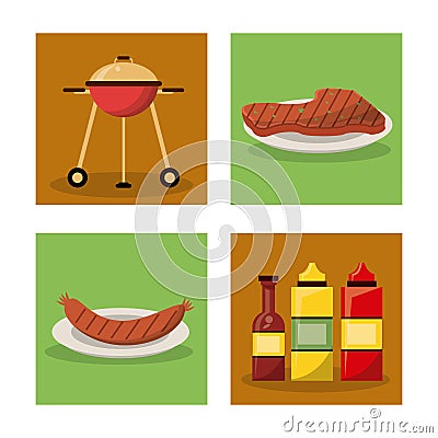 White background with frames of picnic elements with grill and sausage and meat and set of bottles sauce Vector Illustration