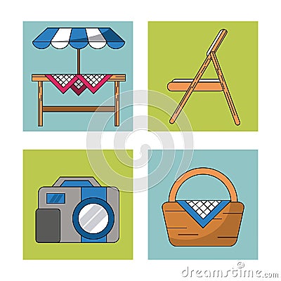 White background with frames of picnic elements with table with sunshade chair and picnic basket and photo camera Vector Illustration