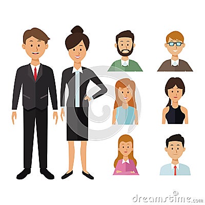 White background with full body executive couple and half body icons group people of the world diversity Vector Illustration