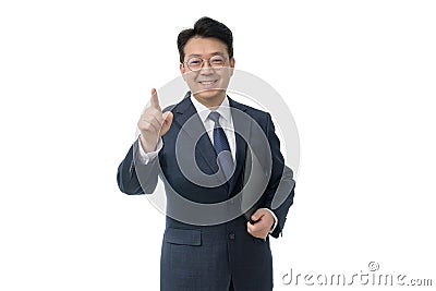 White background and gestures of an Asian middle-aged businessman Stock Photo