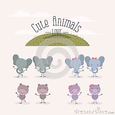 White background with grass and set cute animals love female and male hippos and elephants Vector Illustration