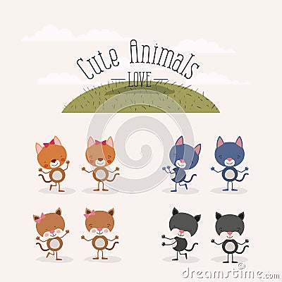 White background with grass and set cute animals love female and male kittens Vector Illustration