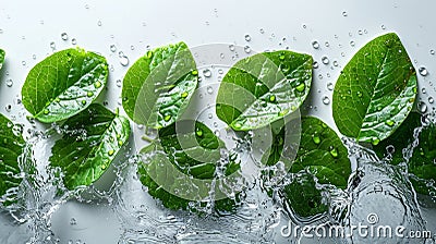 White background with green leaves and splashes of water. Ecology concept. Stock Photo