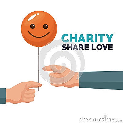 White background human hand giving a balloon form of happy face charity share love Vector Illustration