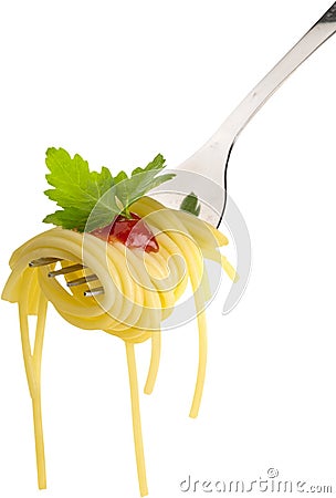 Spaghetti on a Fork with Tomato Sauce and Parsley Stock Photo