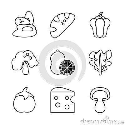 White background with monochrome set of foods fruits and vegetables and eggs Vector Illustration