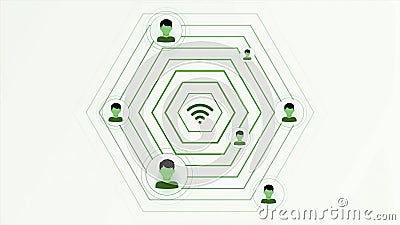 White background. Motion.A bright light background with a Wi-Fi icon where user icons are connected in animation. Stock Photo